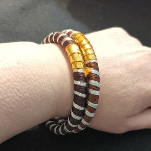Gold Tone Brown and White Silk Thread Wrapped Bangle Statement Bracelet Set Of 2